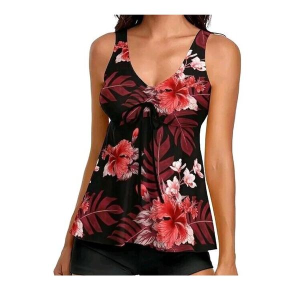 Modest Tankini Swimsuits for Women Floral Print Red - Picture 1 of 5